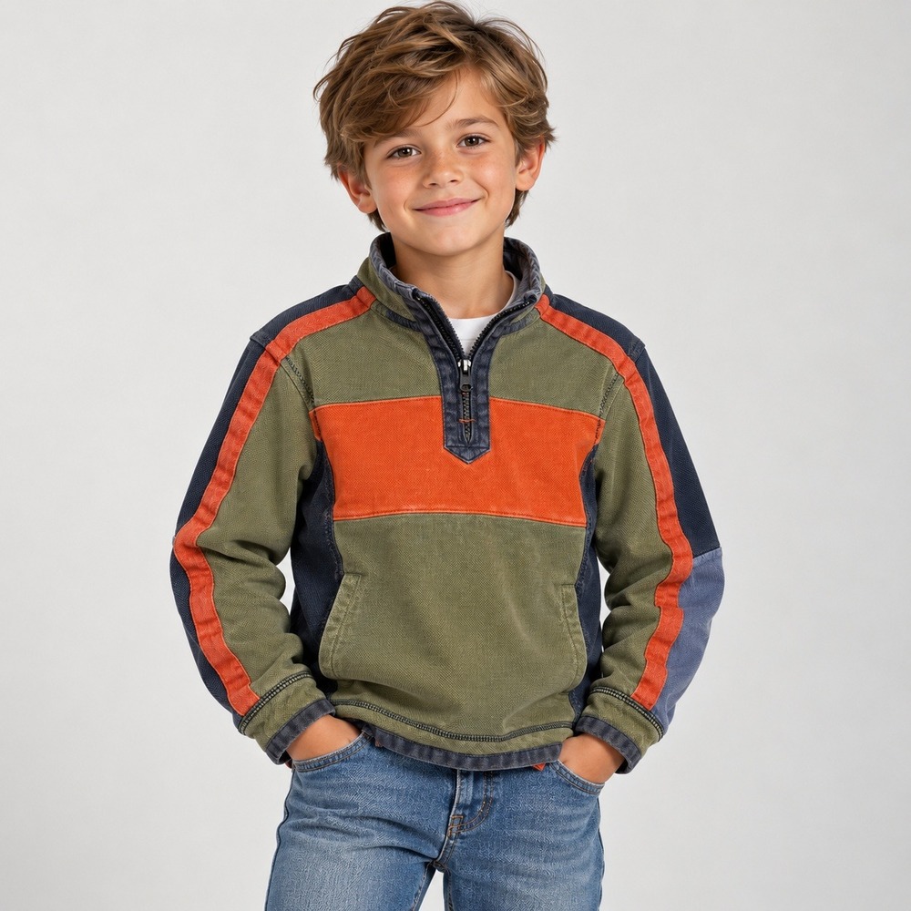 FatFace Young Crew Boys Quarter Zip Pullover Green Navy Orange Size 8/9